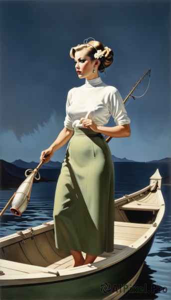 1girl,solo,blue eyes,skirt,brown hair,shirt,hair ornament,holding,jewelry,standing,white shirt,flower,earrings,barefoot,hair flower,water,hair bun,lips,single hair bun,lipstick,green skirt,sleeves rolled up,long skirt,red lips,watercraft,boat,sleeves pushed up,updo,breasts,short hair,dress,full body,outdoors,sky,makeup,realistic,nose,fishing rod,fine art parody