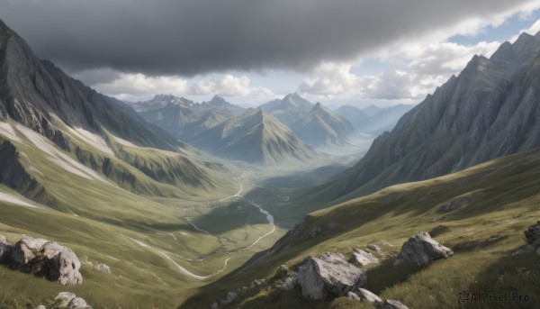 outdoors,sky,day,cloud,blue sky,no humans,cloudy sky,grass,nature,scenery,rock,mountain,field,landscape,mountainous horizon,cliff