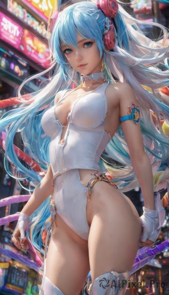 1girl,solo,long hair,breasts,looking at viewer,bangs,blue eyes,hair ornament,thighhighs,gloves,holding,hair between eyes,bare shoulders,twintails,medium breasts,very long hair,blue hair,standing,collarbone,weapon,thighs,cowboy shot,boots,parted lips,choker,white gloves,fingerless gloves,blurry,white thighhighs,leotard,lips,aqua hair,covered navel,blurry background,headphones,thigh boots,highleg,breasts apart,highleg leotard,headset,white leotard,smile,cleavage,armlet,zipper