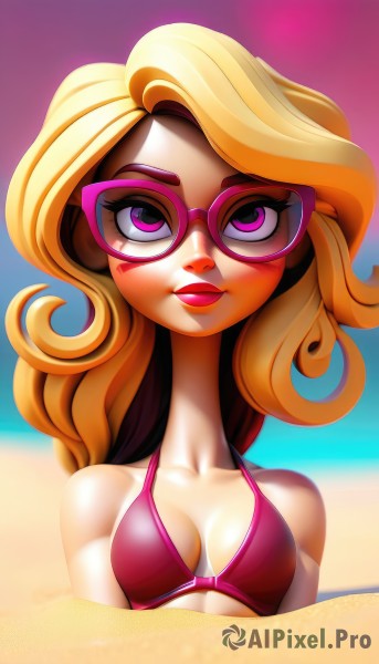 1girl,solo,long hair,breasts,looking at viewer,smile,blonde hair,cleavage,bare shoulders,medium breasts,closed mouth,purple eyes,collarbone,swimsuit,upper body,bikini,small breasts,outdoors,glasses,day,shiny,artist name,pink eyes,lips,eyelashes,makeup,beach,lipstick,red bikini,curly hair,sand,pink bikini,red lips,pink-framed eyewear,parted lips,teeth,orange hair,blurry,blurry background,ocean,sunglasses,breasts apart,bikini top only,pink lips,pink-tinted eyewear