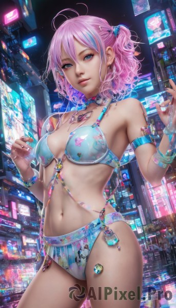 1girl,solo,breasts,looking at viewer,short hair,blue eyes,hair ornament,navel,jewelry,medium breasts,underwear,blue hair,standing,swimsuit,pink hair,bikini,multicolored hair,cowboy shot,earrings,parted lips,choker,necklace,nail polish,bra,bracelet,two-tone hair,lips,streaked hair,ring,armlet,science fiction,city,realistic,smile,bangs,hair between eyes,closed mouth,ahoge,sidelocks,small breasts,outdoors,artist name,signature,stomach,side ponytail,eyelashes,night,one side up,watermark,piercing,antenna hair,building,gem,armband,web address,blue bikini,contrapposto,navel piercing,print bikini,blue gemstone,aqua bikini,neon lights,holographic interface,hologram