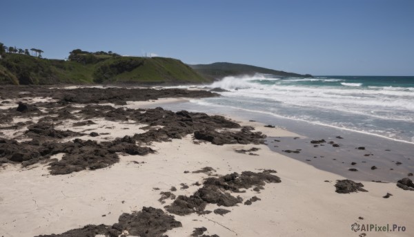 outdoors,sky,day,water,blue sky,no humans,ocean,beach,scenery,rock,sand,horizon,waves,shore,footprints,cloud,tree,nature,mountain,landscape