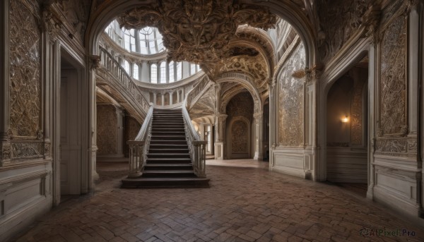 outdoors,indoors,no humans,window,sunlight,scenery,stairs,door,light,architecture,pillar,hallway,church,arch,chandelier,column,stone floor,stone stairs,day,building,tiles,tile floor,statue,gate,pavement,vanishing point