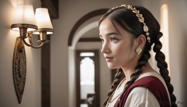 1girl,solo,long hair,blue eyes,brown hair,black hair,jewelry,upper body,braid,hairband,earrings,parted lips,indoors,necklace,blurry,twin braids,from side,lips,depth of field,blurry background,freckles,realistic,nose,lamp,multiple braids,bangs,dress,closed mouth,white shirt,dark skin,dark-skinned female,eyelashes,profile,makeup,looking away,sunlight,portrait,backlighting,light,looking afar,sidelighting