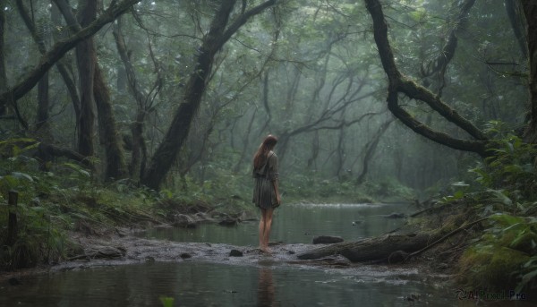 1girl, solo, long hair, skirt, brown hair, school uniform, standing, outdoors, barefoot, water, tree, nature, scenery, wading, forest, reflection, stream