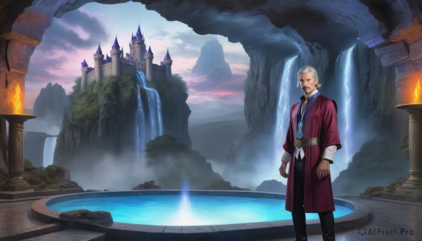 solo,looking at viewer,long sleeves,1boy,standing,white hair,grey hair,male focus,outdoors,sky,belt,pants,cloud,water,tree,facial hair,black pants,cloudy sky,fire,scenery,beard,robe,mountain,fantasy,mustache,arms at sides,old,pillar,castle,waterfall,fog,cliff,closed mouth,day,coat,building,goatee,red coat,old man,arch