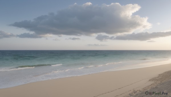 outdoors,sky,day,cloud,water,blue sky,no humans,ocean,beach,scenery,sand,horizon,gradient sky,shore,airplane,waves