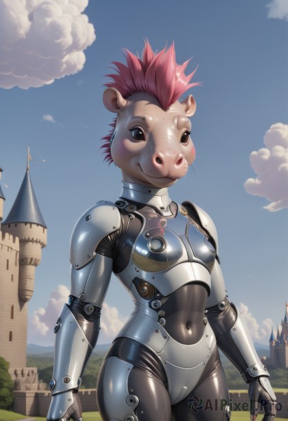 1girl,solo,breasts,looking at viewer,blush,short hair,navel,animal ears,brown eyes,standing,pink hair,red hair,cowboy shot,small breasts,outdoors,sky,day,shiny,cloud,armor,blue sky,bodysuit,covered navel,grass,shoulder armor,skin tight,furry,freckles,shiny clothes,breastplate,mouse ears,furry female,arms at sides,black bodysuit,very short hair,castle,joints