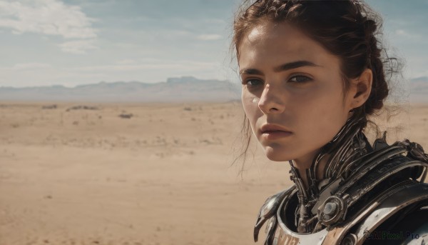 1girl,solo,looking at viewer,short hair,brown hair,brown eyes,closed mouth,upper body,outdoors,sky,day,cloud,dark skin,armor,dark-skinned female,blue sky,lips,portrait,science fiction,curly hair,breastplate,realistic,nose,desert,black hair,expressionless,sunlight,close-up,sand