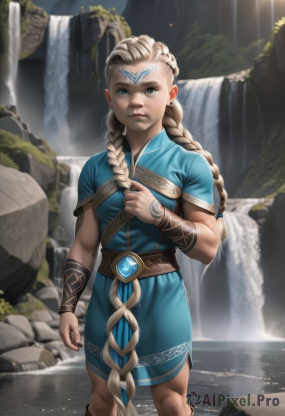 1girl,solo,long hair,breasts,looking at viewer,blue eyes,blonde hair,dress,jewelry,very long hair,closed mouth,standing,braid,short sleeves,earrings,boots,outdoors,belt,artist name,water,twin braids,lips,tattoo,muscular,blue dress,watermark,facial mark,web address,wading,rock,forehead mark,realistic,nose,hair tie,muscular female,facepaint,facial tattoo,long braid,waterfall,tunic,green eyes,feet out of frame,piercing,aged down