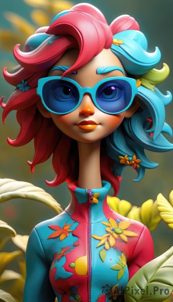 1girl,solo,breasts,looking at viewer,smile,blue eyes,hair ornament,medium breasts,closed mouth,blue hair,upper body,pink hair,flower,red hair,multicolored hair,glasses,artist name,hair flower,medium hair,blurry,two-tone hair,lips,eyelashes,bodysuit,makeup,leaf,floral print,sunglasses,plant,lipstick,multicolored clothes,eyeshadow,zipper,nose,tinted eyewear,blue eyeshadow,short hair,jacket,track jacket,blue-tinted eyewear