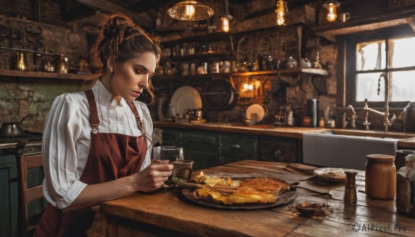 1girl,solo,brown hair,shirt,holding,brown eyes,jewelry,sitting,white shirt,braid,earrings,food,collared shirt,indoors,hair bun,apron,cup,lips,window,chair,table,bottle,knife,holding cup,plate,sleeves rolled up,drinking glass,freckles,mug,realistic,spoon,glass,bread,kitchen,restaurant,counter,wooden table,pasta,short hair,closed mouth,upper body,day,dark skin,blurry,dark-skinned female,dress shirt,profile,makeup,looking away,looking down,single hair bun,scenery,alcohol,nose,lamp,hair pulled back,sleeves pushed up,pouring,jar,wooden chair