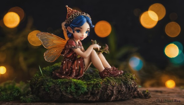 1girl,solo,looking at viewer,smile,short hair,bangs,blue eyes,hat,dress,holding,sitting,closed mouth,blue hair,full body,short sleeves,outdoors,wings,shoes,pointy ears,blurry,lips,night,depth of field,blurry background,brown footwear,red dress,grass,child,red headwear,minigirl,fairy wings,fairy,mushroom,on ground,bokeh,doremy sweet,flower,alternate costume,from side,makeup,polka dot,plant,knees up,pom pom (clothes),rock,holding flower,nightcap