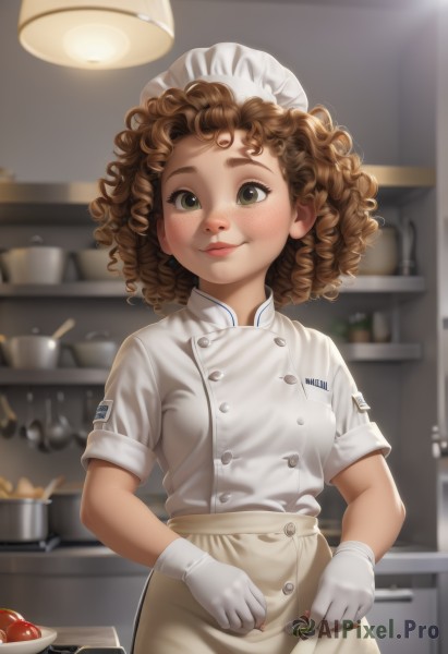 1girl,solo,looking at viewer,blush,smile,short hair,skirt,brown hair,gloves,hat,brown eyes,closed mouth,green eyes,short sleeves,food,indoors,white gloves,blurry,apron,lips,buttons,blurry background,white headwear,waist apron,freckles,curly hair,kitchen,tomato,chef hat,chef,upper body,fruit,realistic,nose,name tag