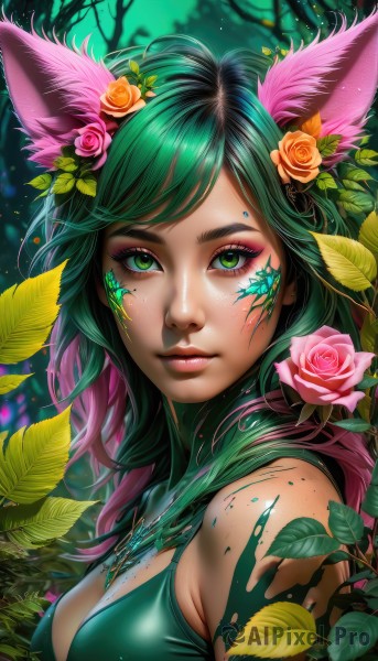 1girl,solo,long hair,breasts,looking at viewer,bangs,large breasts,hair ornament,animal ears,cleavage,bare shoulders,jewelry,medium breasts,closed mouth,green eyes,upper body,pink hair,flower,multicolored hair,green hair,artist name,cat ears,signature,hair flower,necklace,two-tone hair,tree,lips,animal ear fluff,fox ears,eyelashes,gradient hair,makeup,swept bangs,rose,leaf,watermark,facial mark,plant,lipstick,nature,web address,pink flower,eyeshadow,forest,freckles,realistic,nose,eyeliner,vines,pink rose,mascara,deviantart username,green flower,dress