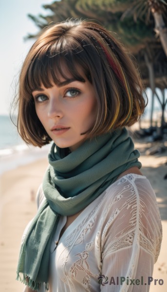 1girl,solo,looking at viewer,short hair,bangs,brown hair,shirt,brown eyes,white shirt,upper body,outdoors,parted lips,day,artist name,blunt bangs,scarf,blurry,tree,lips,looking to the side,depth of field,blurry background,beach,bob cut,freckles,realistic,nose,green scarf,breasts,multicolored hair,teeth,from side,streaked hair,see-through,eyelashes