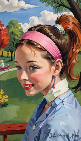 1girl,solo,looking at viewer,smile,blue eyes,brown hair,shirt,jewelry,jacket,upper body,ponytail,flower,hairband,earrings,outdoors,parted lips,sky,teeth,day,cloud,necklace,tree,blue sky,lips,grey eyes,makeup,cloudy sky,high ponytail,blue shirt,lipstick,ground vehicle,motor vehicle,yellow flower,red lips,orange flower,long hair,solo focus,choker,collared shirt,grin,headband,grass,portrait,realistic,nose,car,pink hairband