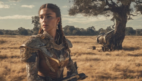 1girl,solo,long hair,breasts,brown hair,black hair,brown eyes,jewelry,upper body,weapon,braid,earrings,outdoors,parted lips,sky,day,cloud,armor,twin braids,tree,lips,gun,looking to the side,shoulder armor,pauldrons,realistic,holding,holding weapon,looking away,sunlight,grass,gauntlets,nature,scenery