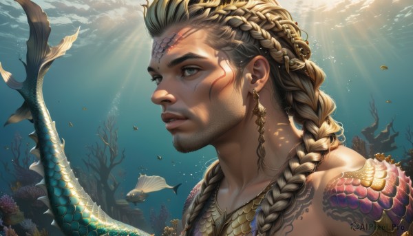 solo,long hair,blonde hair,brown hair,1boy,jewelry,collarbone,upper body,braid,male focus,earrings,parted lips,teeth,dark skin,necklace,twin braids,lips,grey eyes,single braid,tattoo,facial hair,animal,facial mark,sunlight,portrait,beard,fish,bubble,circlet,light rays,underwater,realistic,nose,scales,air bubble,arm tattoo,sunbeam,swimming,turtle,coral,multiple braids,1girl,day,water,eyelashes,piercing,stubble,facial tattoo