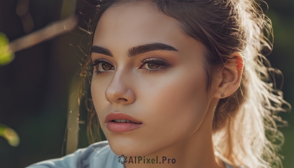 1girl,solo,long hair,looking at viewer,brown hair,brown eyes,jewelry,green eyes,earrings,parted lips,teeth,blurry,lips,eyelashes,depth of field,blurry background,thick eyebrows,portrait,close-up,freckles,curly hair,realistic,nose,stud earrings,black hair