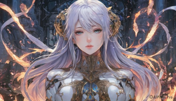 1girl,solo,long hair,breasts,looking at viewer,bangs,blue eyes,hair ornament,hair between eyes,jewelry,upper body,white hair,earrings,parted lips,lips,grey eyes,floating hair,fire,gem,hairclip,armor,headgear,portrait,fantasy,ruins