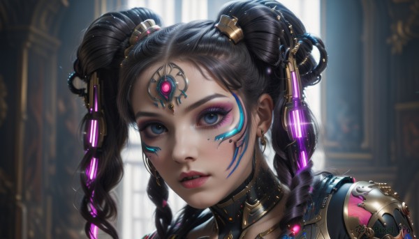 1girl,solo,long hair,looking at viewer,blue eyes,black hair,hair ornament,twintails,jewelry,braid,multicolored hair,earrings,parted lips,choker,artist name,indoors,mole,blurry,twin braids,lips,eyelashes,mole under eye,makeup,depth of field,blurry background,headgear,facial mark,lipstick,gem,portrait,close-up,eyeshadow,science fiction,realistic,nose,android,eyeliner,cyborg,mascara,cyberpunk,multiple braids,bangs,teeth,shiny,streaked hair,gold