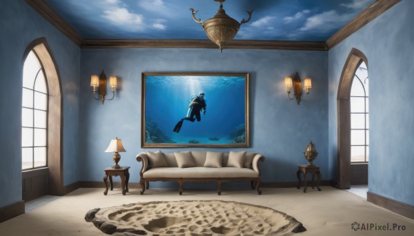 sky,day,cloud,indoors,pillow,no humans,window,ocean,chair,table,sunlight,scenery,couch,underwater,light,lamp,on couch,armchair,painting (object),carpet,chandelier,solo,sitting,floating,picture frame,candlestand