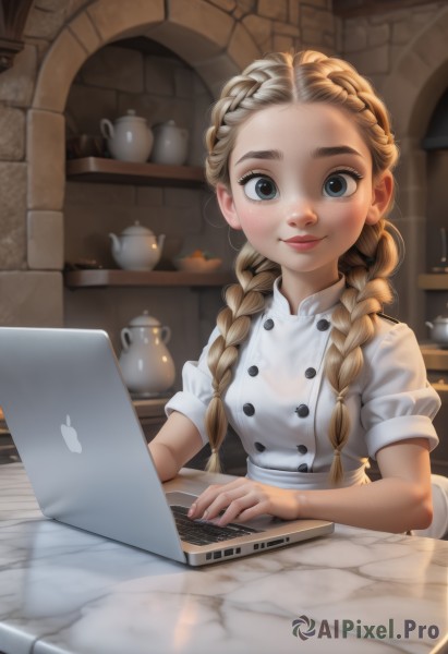 1girl,solo,long hair,looking at viewer,blush,smile,blue eyes,blonde hair,dress,sitting,closed mouth,upper body,braid,short sleeves,food,puffy sleeves,artist name,indoors,twin braids,cup,puffy short sleeves,lips,grey eyes,buttons,fruit,table,hair over shoulder,forehead,freckles,teacup,computer,teapot,laptop,breasts,thick eyebrows,aged down,realistic,nose