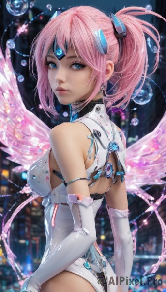 1girl,solo,breasts,looking at viewer,short hair,bangs,blue eyes,hair ornament,gloves,bare shoulders,jewelry,medium breasts,closed mouth,standing,ponytail,pink hair,ass,sidelocks,cowboy shot,parted lips,detached sleeves,wings,elbow gloves,looking back,artist name,white gloves,fingerless gloves,from behind,blurry,leotard,lips,depth of field,blurry background,headgear,bridal gauntlets,bubble,nose,white leotard,mechanical wings,pink wings,long hair,earrings,glowing,freckles,realistic,fairy wings