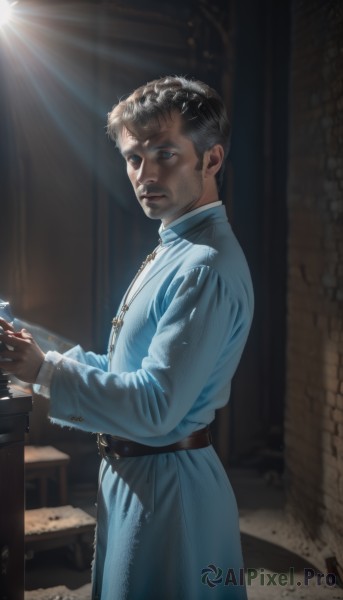 solo,looking at viewer,short hair,blue eyes,brown hair,black hair,long sleeves,1boy,holding,closed mouth,standing,weapon,male focus,belt,sword,indoors,from side,book,facial hair,chair,table,sunlight,beard,robe,light rays,realistic,tunic,expressionless,formal,instrument,music,light,playing instrument,piano