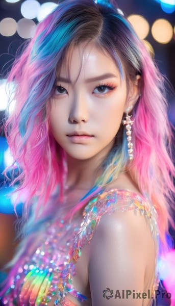 1girl,solo,long hair,breasts,looking at viewer,brown hair,black hair,bare shoulders,jewelry,closed mouth,blue hair,upper body,pink hair,multicolored hair,earrings,blurry,black eyes,two-tone hair,lips,eyelashes,gradient hair,makeup,depth of field,blurry background,watermark,eyeshadow,realistic,nose,bokeh,mascara,brown eyes,necklace,from side,expressionless,web address