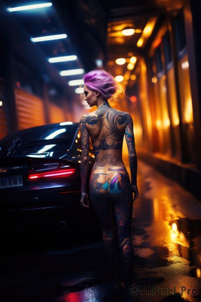 1girl,solo,short hair,standing,pink hair,purple hair,ass,nude,multicolored hair,looking back,dark skin,from behind,blurry,dark-skinned female,tattoo,night,depth of field,blurry background,back,ground vehicle,motor vehicle,reflection,city,realistic,nose,car,road,arm tattoo,back tattoo,full-body tattoo,breasts,jewelry,full body,closed eyes,earrings,lips,lipstick,walking,very short hair,undercut,facial tattoo,street,cyberpunk