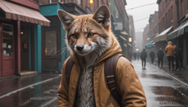 looking at viewer,brown eyes,jacket,upper body,outdoors,open clothes,solo focus,day,hood,bag,blurry,no humans,hoodie,depth of field,blurry background,animal,cat,backpack,building,scenery,hooded jacket,furry,rain,brown jacket,city,sign,realistic,road,animal focus,multiple others,power lines,street,whiskers,oversized animal,people,multiple boys,hood down,ground vehicle,walking,lamppost,crowd,traffic light,3others,6+others,vanishing point