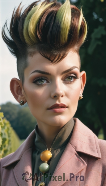 1girl,solo,looking at viewer,short hair,blonde hair,brown hair,shirt,black hair,1boy,jewelry,closed mouth,green eyes,jacket,upper body,male focus,multicolored hair,earrings,outdoors,day,blurry,two-tone hair,lips,streaked hair,eyelashes,makeup,buttons,depth of field,blurry background,piercing,sunglasses,portrait,realistic,nose,pink jacket,mohawk,brown eyes,parted lips,necktie,artist name,signature,necklace,black shirt,spiked hair