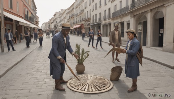 short hair,multiple girls,brown hair,shirt,black hair,gloves,long sleeves,hat,holding,jacket,weapon,boots,outdoors,multiple boys,necktie,shoes,day,pants,sword,uniform,coat,window,facial hair,brown footwear,blue shirt,plant,blue jacket,building,faceless,walking,6+boys,city,potted plant,road,house,police,street,police uniform,cane,male focus,bag,formal,suit,scenery