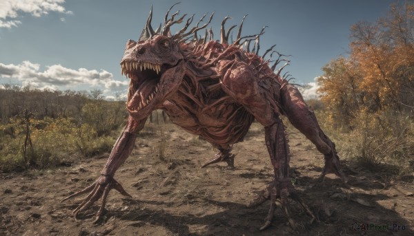 solo,open mouth,outdoors,sky,teeth,day,cloud,tree,blue sky,no humans,cloudy sky,grass,sharp teeth,nature,scenery,claws,forest,monster,realistic,dinosaur,standing,alien,horror (theme)