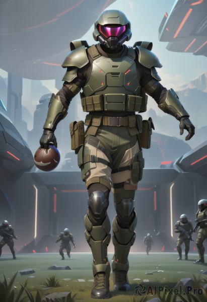 gloves,holding,standing,weapon,male focus,boots,outdoors,multiple boys,solo focus,holding weapon,armor,uniform,gun,military,military uniform,glowing,helmet,grass,robot,holding gun,rifle,walking,science fiction,6+boys,pouch,assault rifle,knee pads,multiple others,explosive,power armor,grenade,soldier,bullpup,body armor,full body,pink eyes,running,5boys