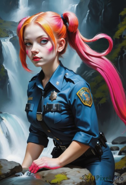 1girl,solo,long hair,breasts,looking at viewer,bangs,blue eyes,shirt,hair ornament,twintails,medium breasts,pink hair,red hair,multicolored hair,cowboy shot,outdoors,parted lips,necktie,collared shirt,belt,pants,artist name,signature,water,orange hair,uniform,two-tone hair,lips,fingernails,eyelashes,makeup,leaning forward,buttons,watermark,facial mark,blue shirt,wing collar,lipstick,black necktie,buckle,sleeves rolled up,eyeshadow,pocket,black belt,rock,pink lips,realistic,nose,hair tie,blue pants,red lips,eyeliner,breast pocket,holster,whisker markings,facepaint,badge,police,police uniform,waterfall,policewoman,mascara,blonde hair,very long hair,closed mouth,scrunchie,forehead,pouch,belt pouch,dirty,patch,utility belt,walkie-talkie