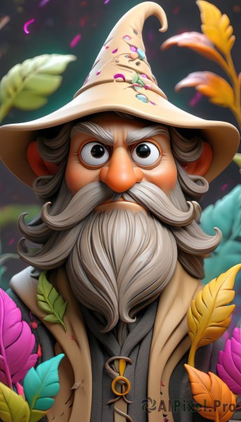 solo,looking at viewer,smile,1boy,hat,upper body,flower,white hair,grey hair,male focus,artist name,blurry,black eyes,petals,witch hat,facial hair,leaf,thick eyebrows,gem,beard,mustache,old,old man,wizard hat,wizard,brown eyes,jacket,watermark,web address