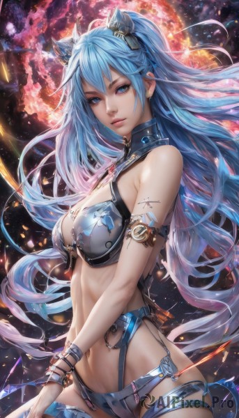 1girl,solo,long hair,breasts,looking at viewer,bangs,blue eyes,large breasts,hair ornament,thighhighs,navel,cleavage,bare shoulders,jewelry,medium breasts,very long hair,blue hair,swimsuit,bikini,earrings,horns,midriff,bracelet,lips,floating hair,headgear,armlet,realistic,bikini armor,cowboy shot