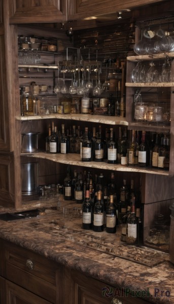 indoors,signature,cup,no humans,bottle,scenery,alcohol,drinking glass,wooden floor,wine glass,stool,wine,shelf,wine bottle,bar (place),counter,barrel,ceiling light,wooden wall,table,fantasy,glass,chandelier