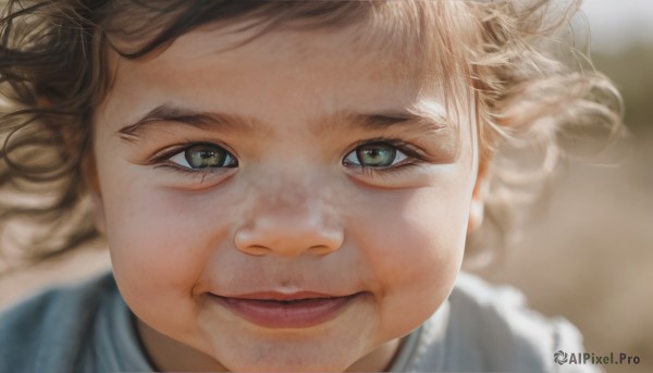 1girl,solo,looking at viewer,smile,short hair,blue eyes,blonde hair,brown hair,green eyes,parted lips,pointy ears,blurry,lips,eyelashes,floating hair,depth of field,blurry background,portrait,close-up,realistic,nose,shirt,brown eyes,closed mouth,blue shirt