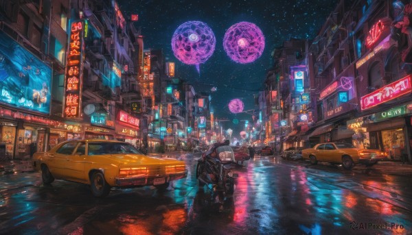 multiple girls, outdoors, multiple boys, sky, night, moon, ground vehicle, building, star (sky), night sky, scenery, motor vehicle, starry sky, reflection, science fiction, 6+boys, city, sign, car, road, cityscape, motorcycle, lamppost, street, city lights, cyberpunk, neon lights, crosswalk