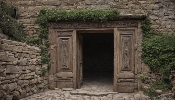 outdoors,tree,no humans,grass,plant,nature,scenery,rock,stairs,door,wall,ruins,pillar,arch,moss,stone,column,stone floor,stone wall,stone stairs,bush