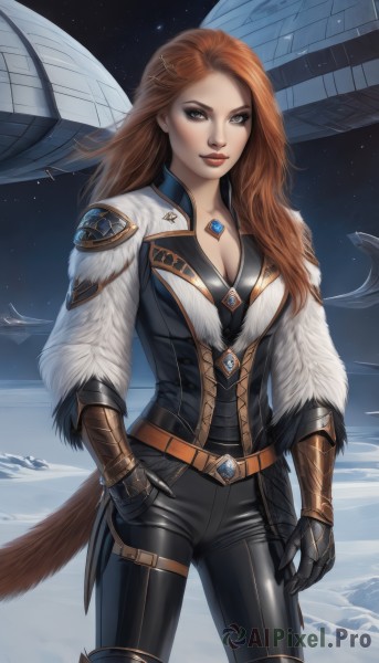 1girl,solo,long hair,breasts,looking at viewer,brown hair,gloves,cleavage,brown eyes,jewelry,medium breasts,standing,tail,boots,sky,belt,pants,necklace,orange hair,lips,fur trim,makeup,black pants,lipstick,gauntlets,star (sky),snow,starry sky,red lips,spacecraft,hair ornament,red hair,bodysuit,night,realistic,space