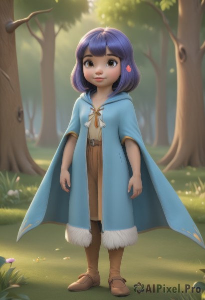 1girl,solo,looking at viewer,smile,short hair,bangs,dress,brown eyes,closed mouth,blue hair,standing,full body,purple hair,flower,heart,boots,outdoors,day,belt,artist name,hood,medium hair,cape,blurry,tree,lips,fur trim,brown footwear,grass,child,nature,cloak,forest,arms at sides,female child,blue cape,blue cloak,shirt,pants,leaf,watermark,sunlight,knee boots,web address,blue coat