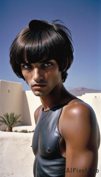 solo,looking at viewer,short hair,bangs,black hair,1boy,bare shoulders,nipples,upper body,male focus,outdoors,sky,sleeveless,day,shiny,dark skin,black eyes,covered nipples,dark-skinned female,blue sky,lips,dark-skinned male,tank top,androgynous,realistic,nose,desert,1girl