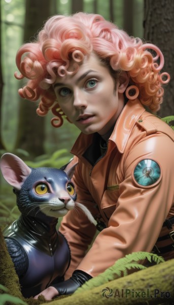 1girl,solo,looking at viewer,blue eyes,1boy,green eyes,jacket,yellow eyes,upper body,pink hair,male focus,red hair,outdoors,parted lips,blurry,tree,lips,blurry background,animal,cat,plant,nature,forest,curly hair,brown jacket,realistic,leather,blonde hair,gloves,signature,fingerless gloves,orange hair