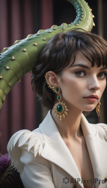 1girl,solo,breasts,looking at viewer,short hair,bangs,brown hair,shirt,black hair,cleavage,brown eyes,jewelry,collarbone,tail,white shirt,upper body,earrings,parted lips,horns,blurry,black eyes,lips,eyelashes,buttons,piercing,curtains,ear piercing,freckles,realistic,nose,scales,makeup,blurry background,lipstick,gem,red lips