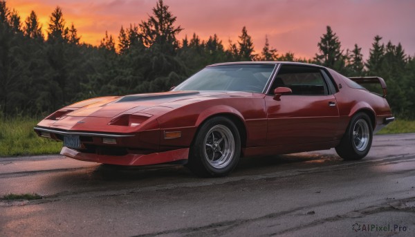 outdoors,sky,cloud,tree,no humans,shadow,grass,ground vehicle,nature,scenery,motor vehicle,forest,sunset,car,road,vehicle focus,evening,orange sky,wheel,sports car,from side